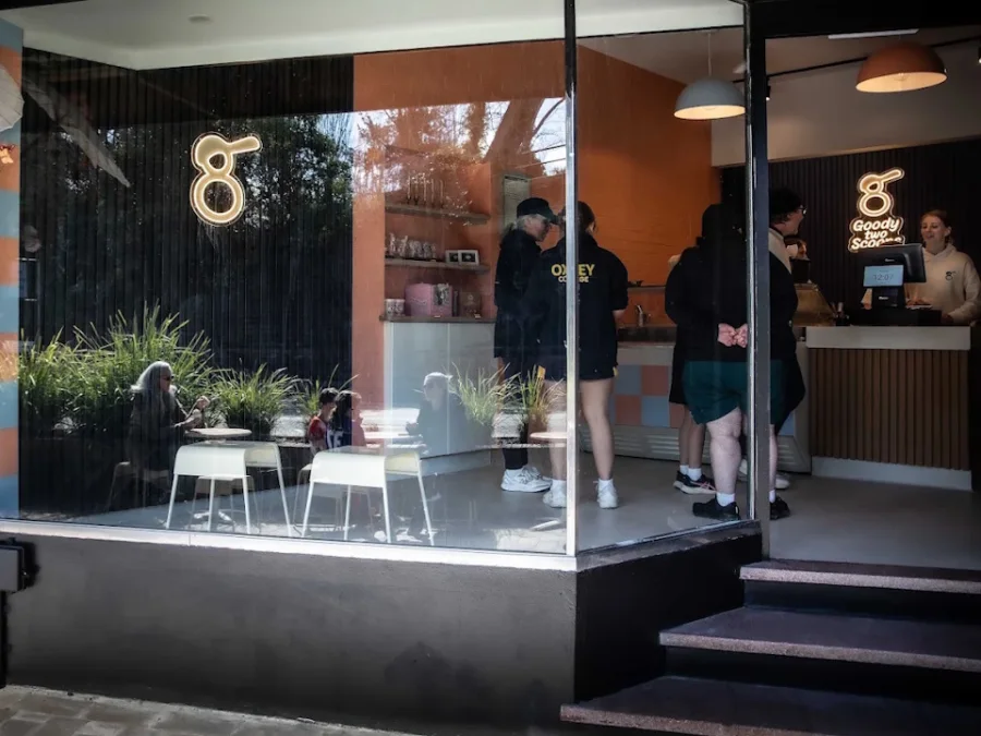 The counter and illuminated Goody Two Scoops sign inside the Moss Vale gelato bar