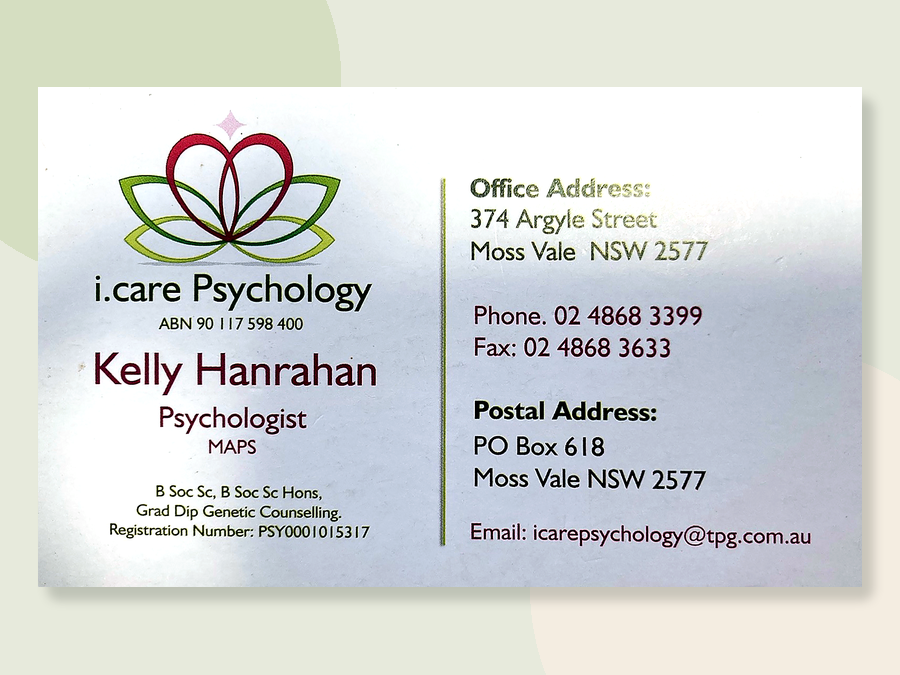 i.care Psychology logo and contact card for Kelly Hanrahan in Moss Vale