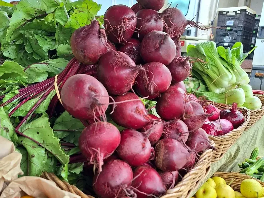Fresh beetroot and greens at a Moss Vale market stall